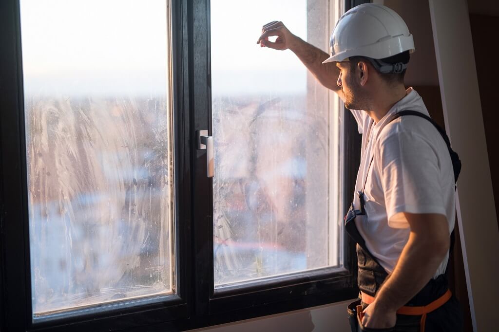 A man in construction clothes and hard hat looking out at the world from  window in a building being built.  Thinking of the life he is building and what it is to be a man.