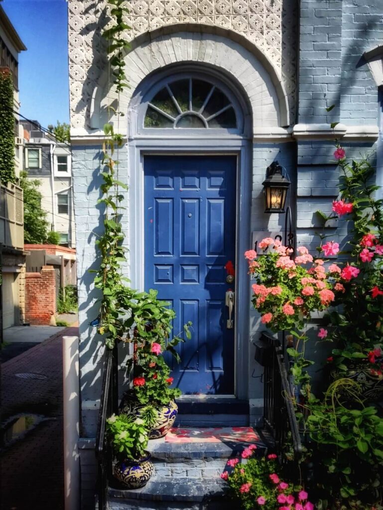 Opening the right door can be life changing. The photo shows a beautiful periwinkle-colored door to a home, with lovely pink flowers growing around the entrance way.